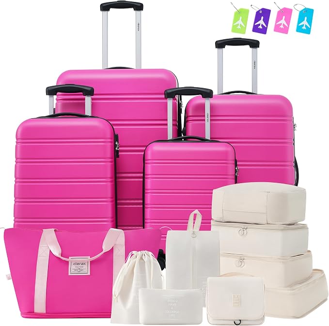 Merax Luggage sets of 13 Piece 16 20 20 28 IN Carry on Luggage Hard Case Pink by Merax