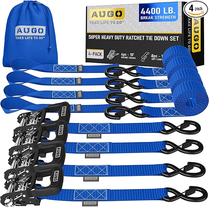 AUGO Heavy Duty Ratchet Straps & Soft Loops – Pack of 4 Extra Strong 1.5” by by AUGO
