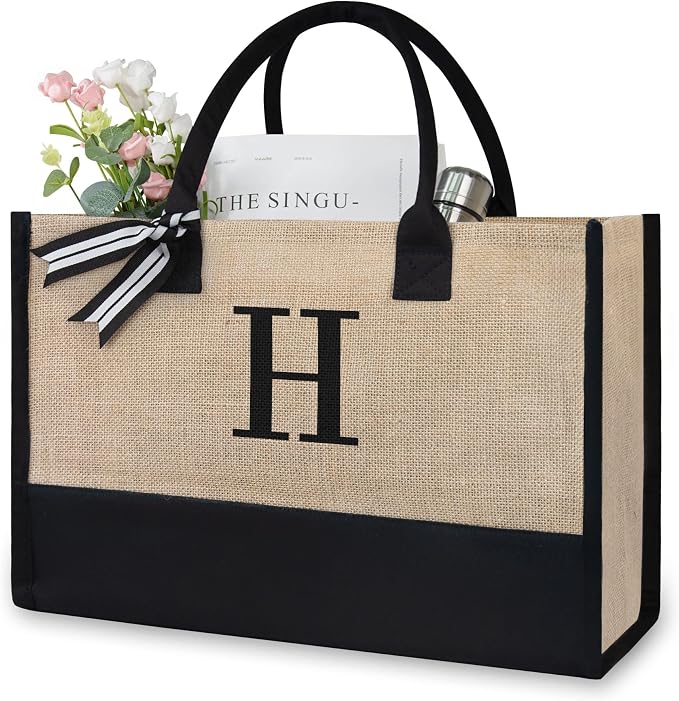 TOPDesign Initial Jute/Canvas Tote Bag, Personalized Present Bag, Suitable by TOPDesign