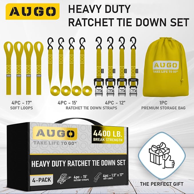 AUGO Heavy Duty Ratchet Straps & Soft Loops – Pack of 4 Extra Strong 1.5” by - Image 4
