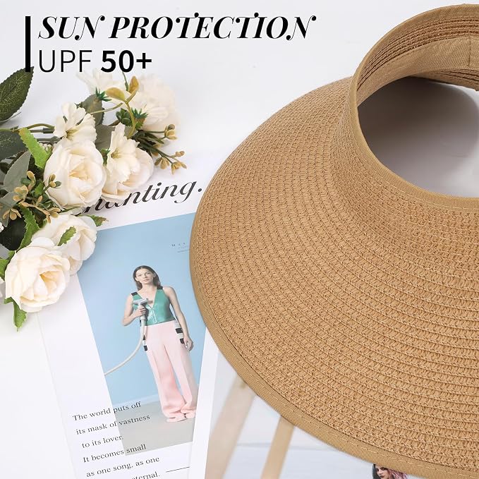 Sun Hats for Women Straw Beach Hat Wide Brim Sun Visor Summer Hat Packable - Image 2
