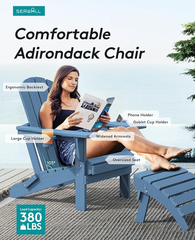 SERWALL Folding Adirondack Chair, HDPE Adirondack Chairs Set of 6, Plastic - Image 4