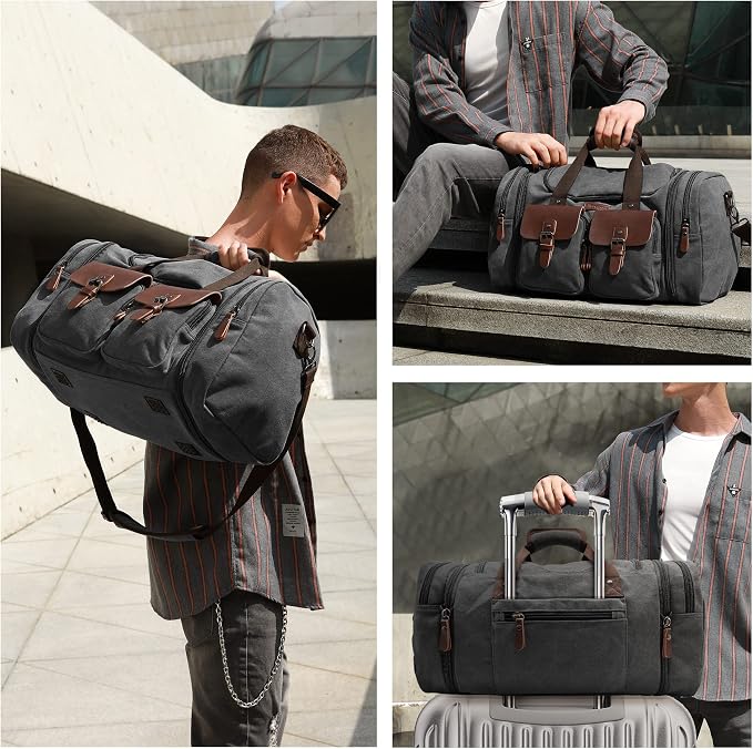Wildroad 50L Travel Duffel Bag, Expandable Canvas Genuine Leather Duffle Bag - Image 3