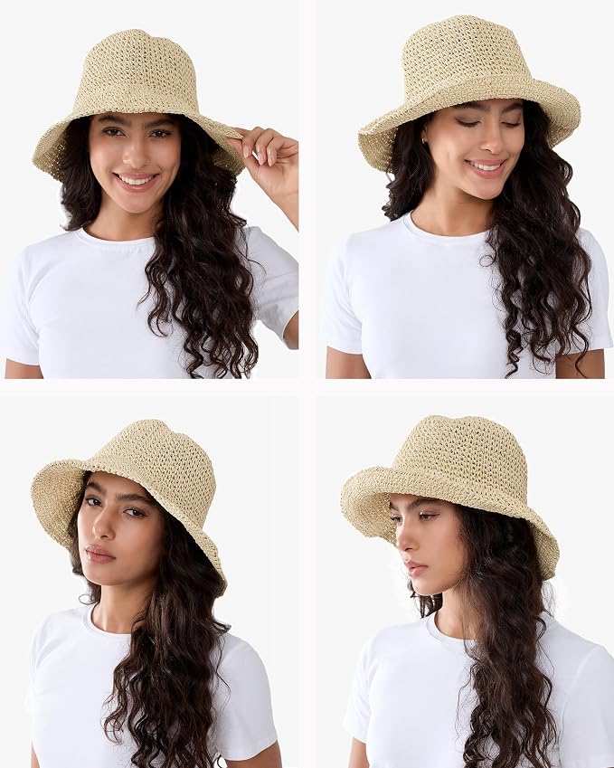 Womens Wide Brim Straw Sun Hat Foldable Floppy Crochet Beach Hat - Image 2