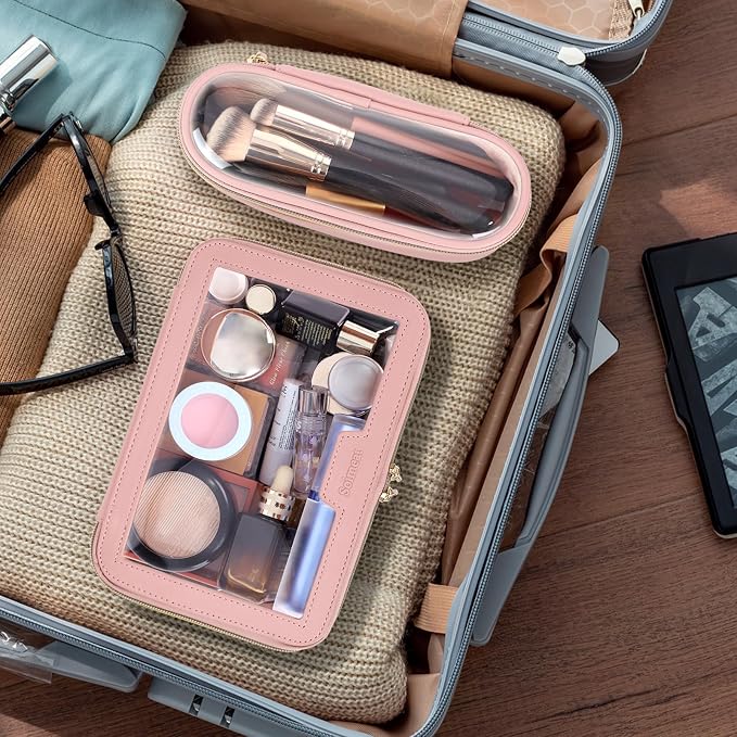 Travel Clear Makeup Bag with Makeup Brush Bag, Leather Makeup Case Toiletry Bag - Image 2