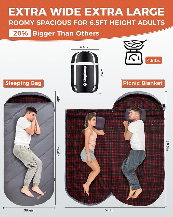 KingCamp Sleeping Bag for Adults, Cold Weather & Warm Extra Wide Big & Tall XL - Image 3