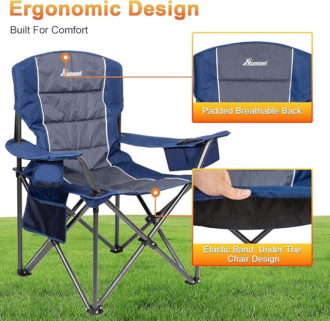 Romswi Oversized Camping Chairs, Heavy Duty Support 500 LBS, Padded Back & Arm - Image 6