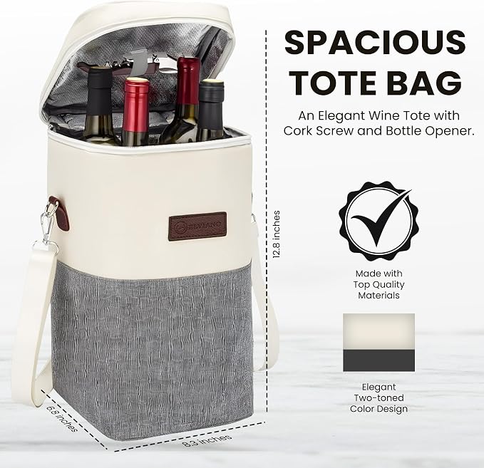 Insulated Wine Bag Cooler – Beige and Gray, Holds 4 Bottles, Wine Opener - Image 7