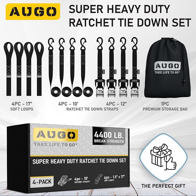 AUGO Heavy Duty Ratchet Straps & Soft Loops – Pack of 4 Extra Strong 1.5” by - Image 4