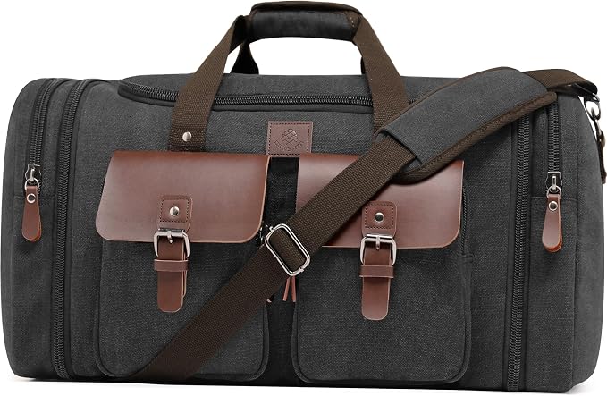 Canvas Duffle Bag for Men 50L Travel Duffel Bags Expandable Genuine Leather by DensataTravelBag