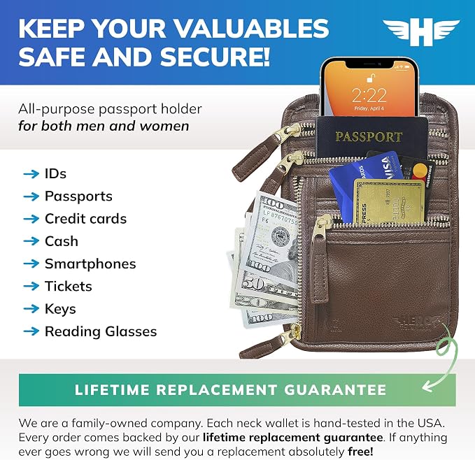 HERO Neck Wallet, RFID Blocking Passport Holder, Vegan Leather Travel Pouch - Image 2