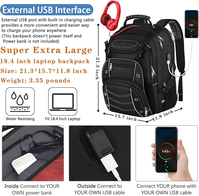 VECKUSON 18.4 Laptop Backpack for unisex, 60L Extra Large Gaming Laptops Back - Image 3