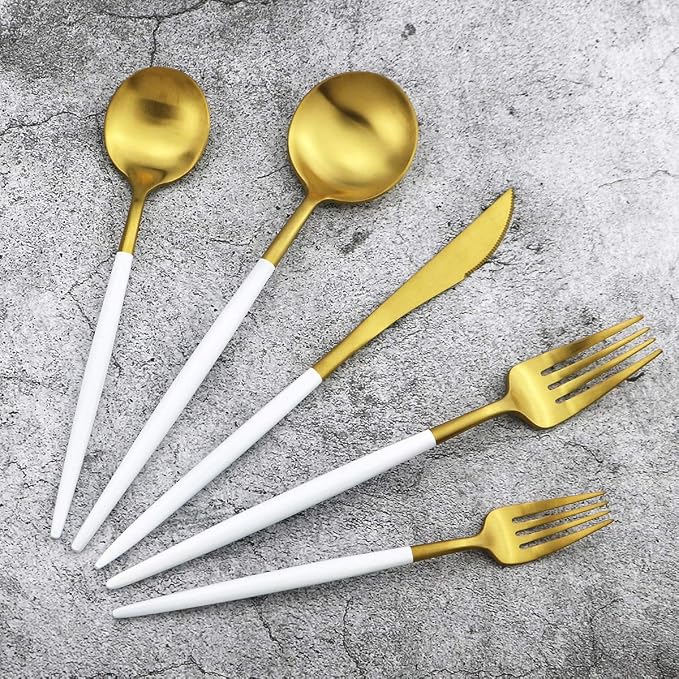 White Handle Matte Gold Silverware Set, Gugrida 5-Piece 18/10 Stainless Steel - Image 5