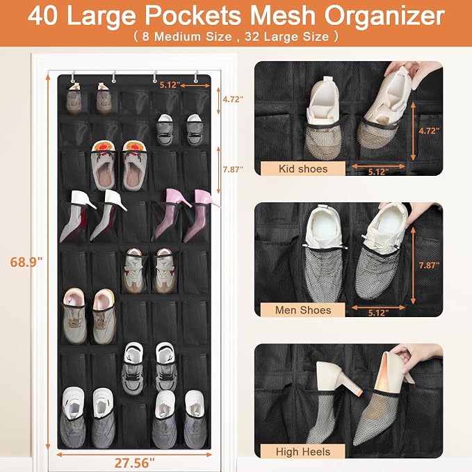 FENTEC 40 Large Pockets Over The Door Shoe Organizer, Mesh Hanging Shoe - Image 6