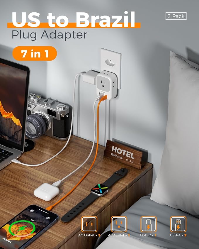 TESSAN Brazil Plug Adapter 2 Pack, 7 in 1 US to Brazil Power Adapter - Image 3