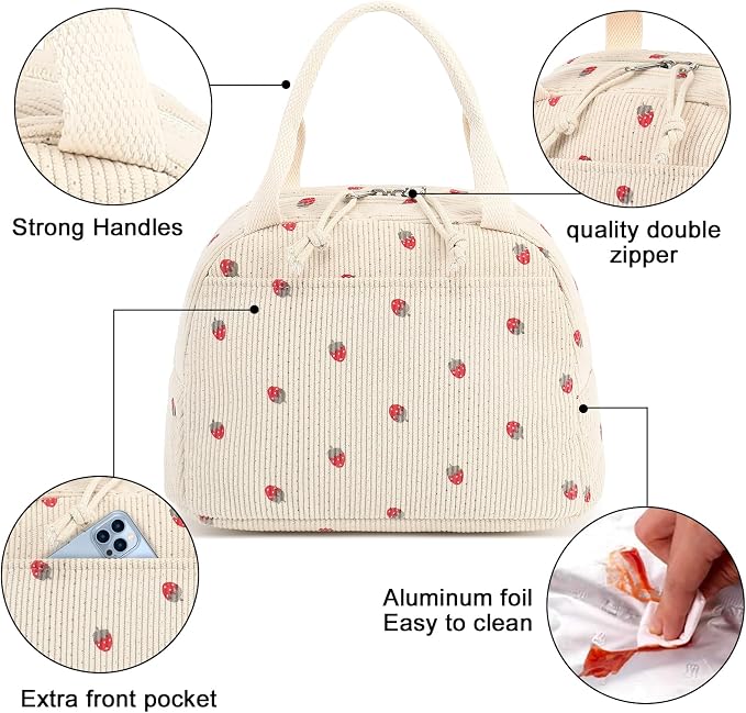 Bluboon Lunch Bag for Women Men Cute Corduroy Lunch Tote Bags Reusable - Image 5