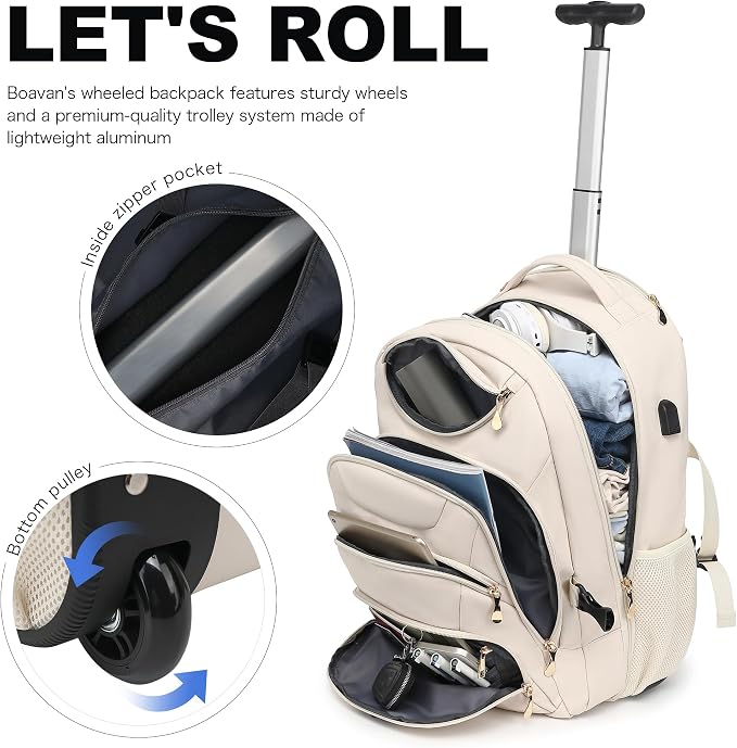 Boavan Rolling Backpack for Women, 17.3 Inch Wheeled Laptop Backpack, Large - Image 7