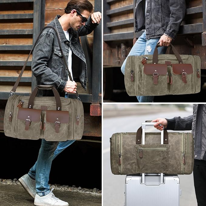 Waxed Canvas Duffle Bag for Men 60L Travel Duffel Bags Expandable Genuine - Image 7