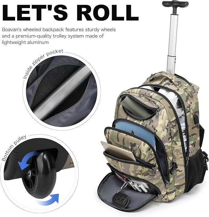 Boavan Rolling Backpack, 17 inch Water Resistant Wheeled Backpack, Carry on - Image 6
