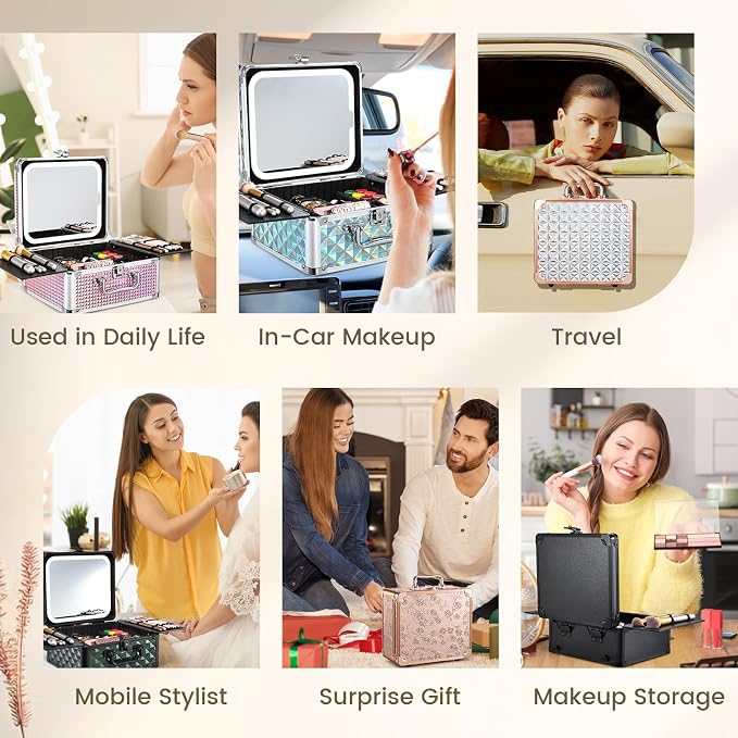 Makeup Case with Magnetic Lighted Mirror Makeup Organizer Box Travel Cosmetic - Image 8
