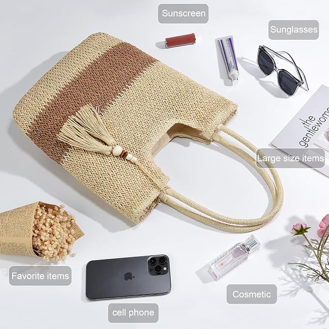 Straw Beach Bags for Women Woven Beach Tote Bag Casual Boho Large Shoulder - Image 5