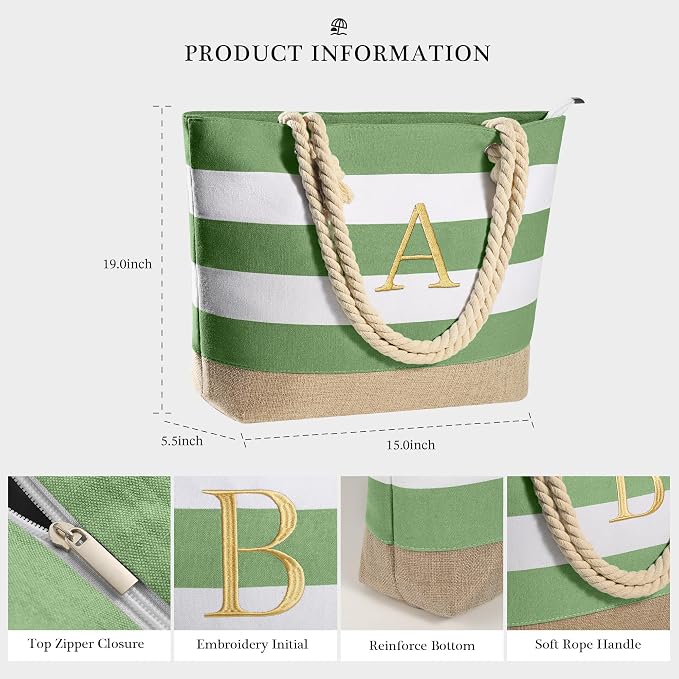 YOOLIFE Initial Canvas Waterproof Beach Tote Bag Zipper Personalized Gifts - Image 3