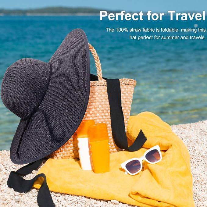 DRESHOW Beach Hats for Women Big Straw Wide Brim Summer Hat Floppy Foldable - Image 4