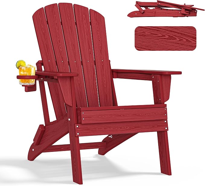 Folding Adirondack Chair with Cup Holder, HDPE All-Weather Patio Chairs by nevilywood