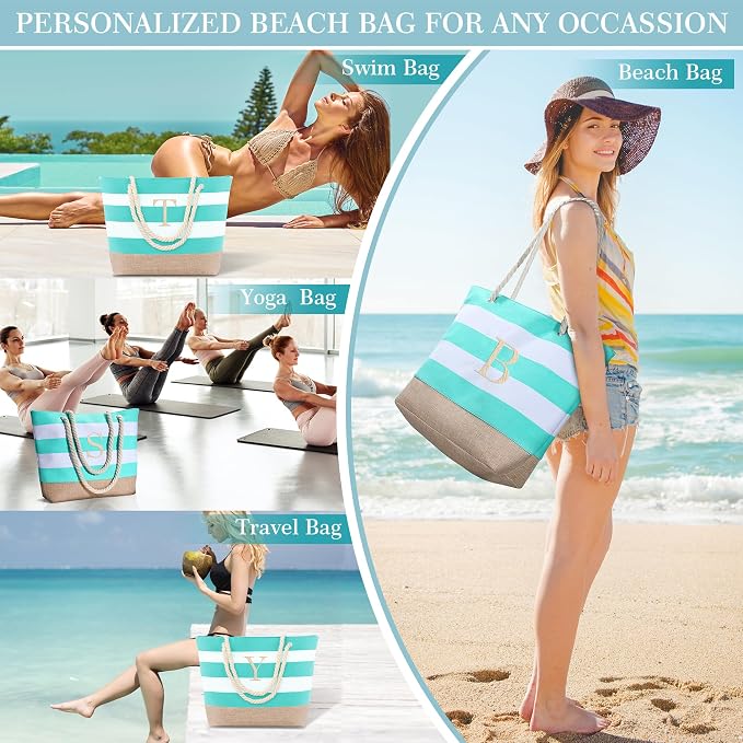 YOOLIFE Initial Canvas Waterproof Beach Tote Bag Zipper Personalized Gifts - Image 5