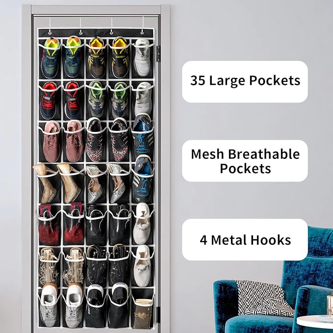 35 Pockets Over the Door Shoe Organizer, Hanging Shoe Organizer - Image 3