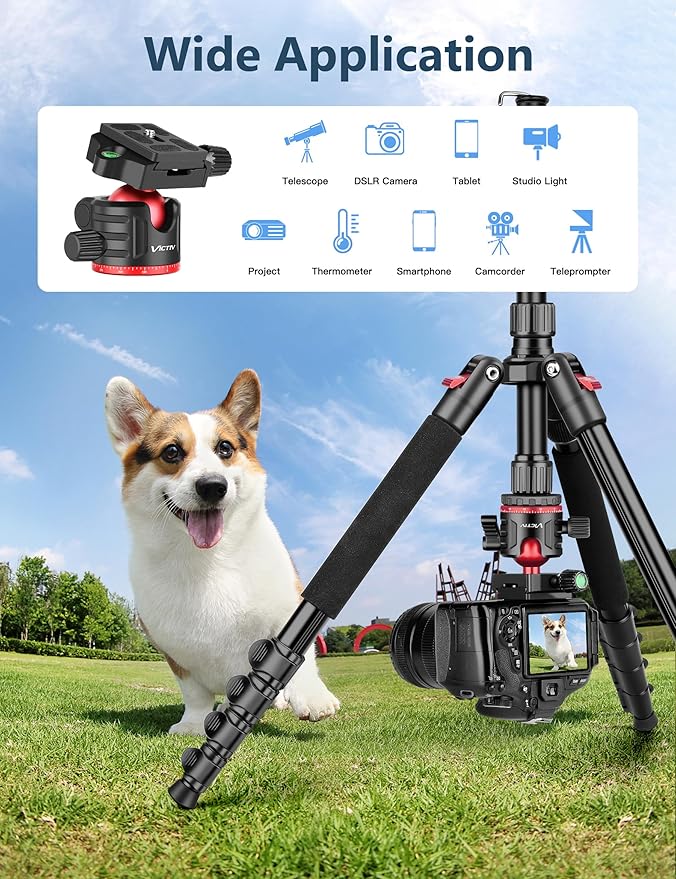 78" Porfessional Tripod for Camera, Victiv Aluminum Camera Tripod Monopod for - Image 3
