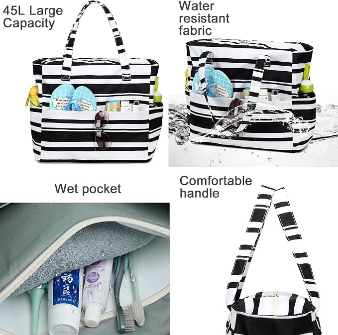 LEDAOU Large Beach Tote Bag Women Waterproof Sandproof Zipper Beach Tote Bag - Image 2