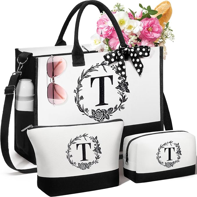 Personalized Christmas Gifts for Women, Initial Canvas Tote Bag & Makeup Bag by Unknown