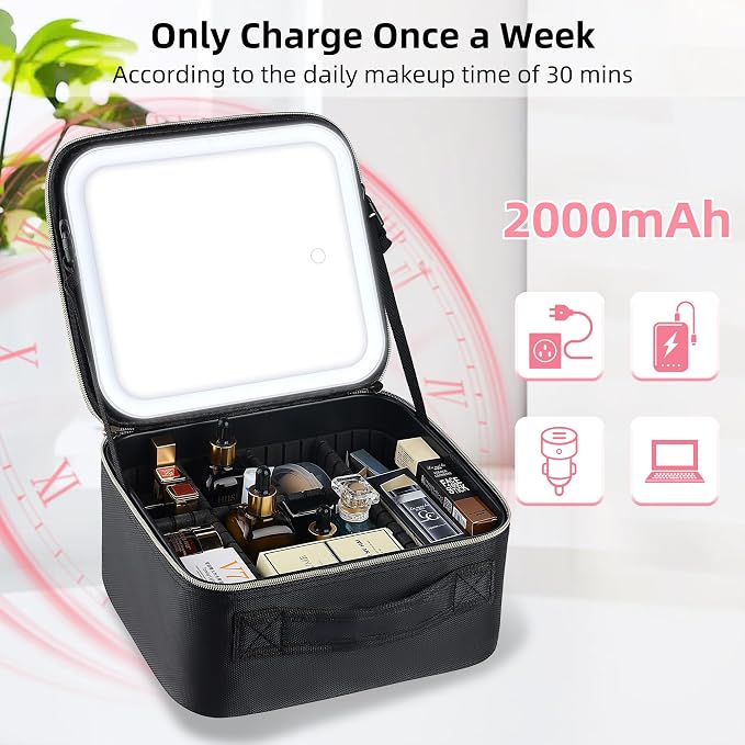 Travel Makeup Bag with LED Mirror – Waterproof Cosmetic Train Case with - Image 4