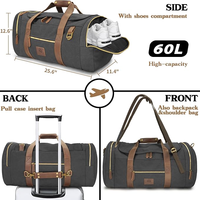 60L Travel Bags for Men, Nomad Canvas Duffle Bag Vintage Genuine Leather Travel - Image 3