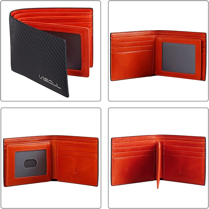VISOUL Mens Bifold Wallet with 2 ID Windows Carbon Fiber Leather, RFID Blocking - Image 2