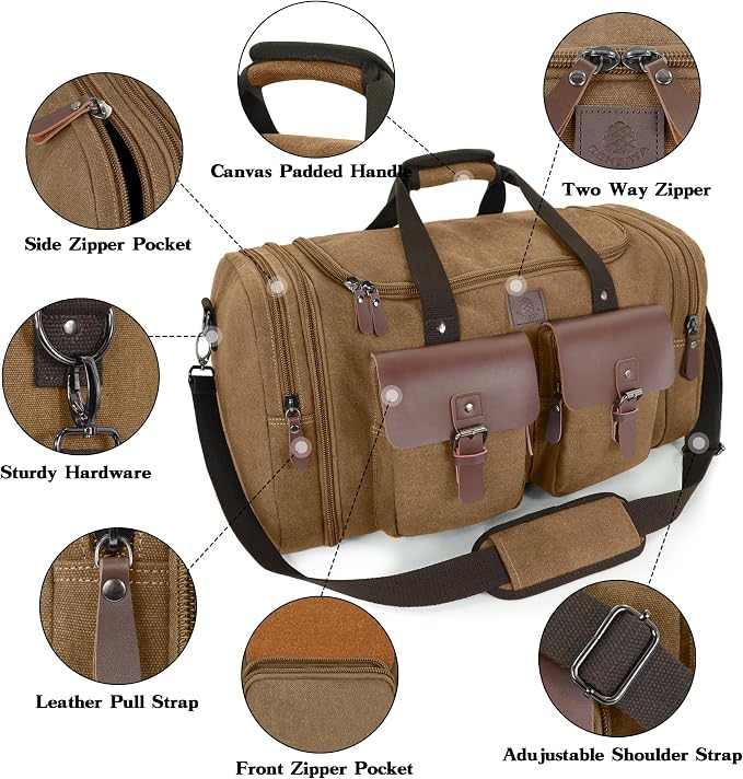 Canvas Duffle Bag for Men 50L Travel Duffel Bags Expandable Genuine Leather - Image 3