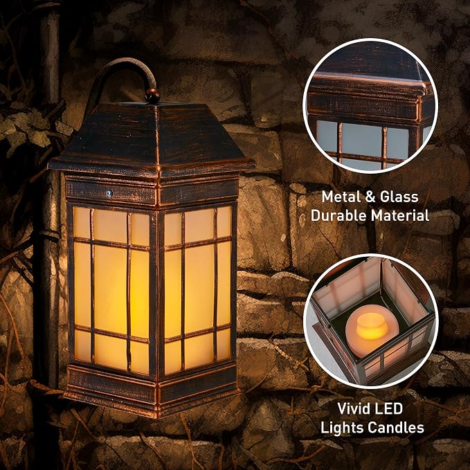 14" Solar Lantern Outdoor Waterproof, Glass Flickering Flame Solar Lanterns - Image 5