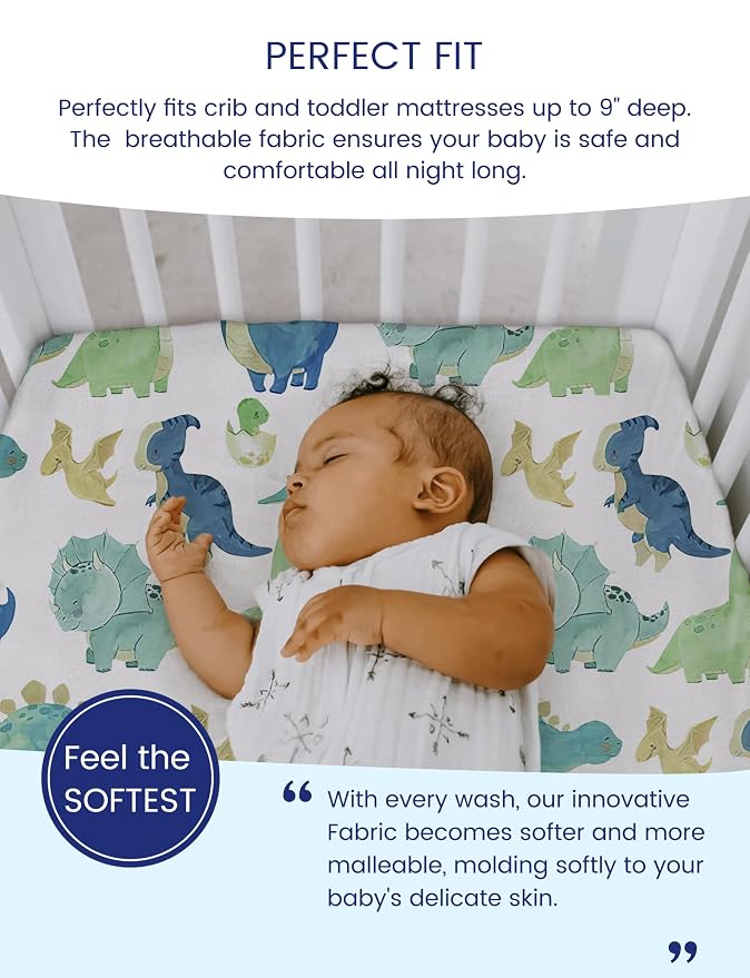 TotAha Dinosaur Crib Sheets for Boys, Premium Soft Crib Mattress Fitted Sheet - Image 3