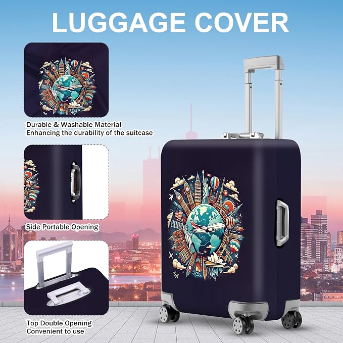 ANNA QUEEN World Landmarks Luggage Cover, Dark Travel-Themed Suitcase Protector - Image 2