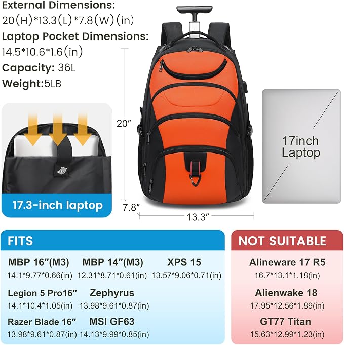 Boavan Rolling Backpack, 17 inch Water Resistant Wheeled Backpack, Carry on - Image 2