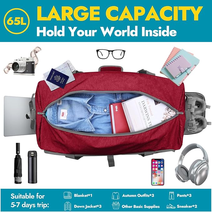 Canway 65L Travel Duffel Bag, Foldable Weekender Bag - Image 3