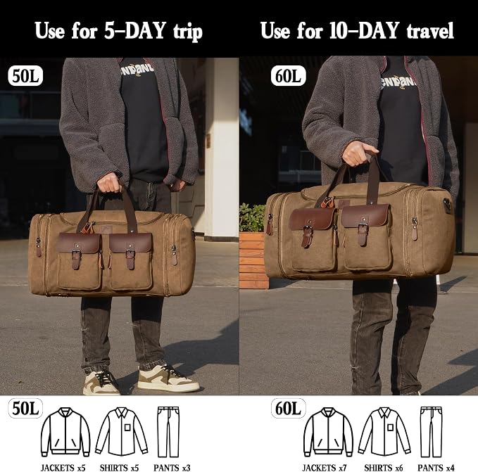 Canvas Duffle Bag for Men 50L Travel Duffel Bags Expandable Genuine Leather - Image 6