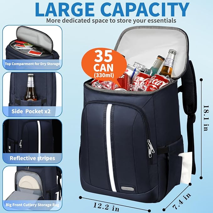 Backpack Cooler Insulated Leak Proof 35 Cans, 2 Insulated Compartments Thermal - Image 2