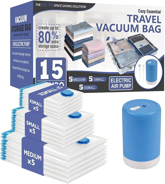 Cozy Essential 15 Pack Travel Vacuum Storage Bags by CozyEssential