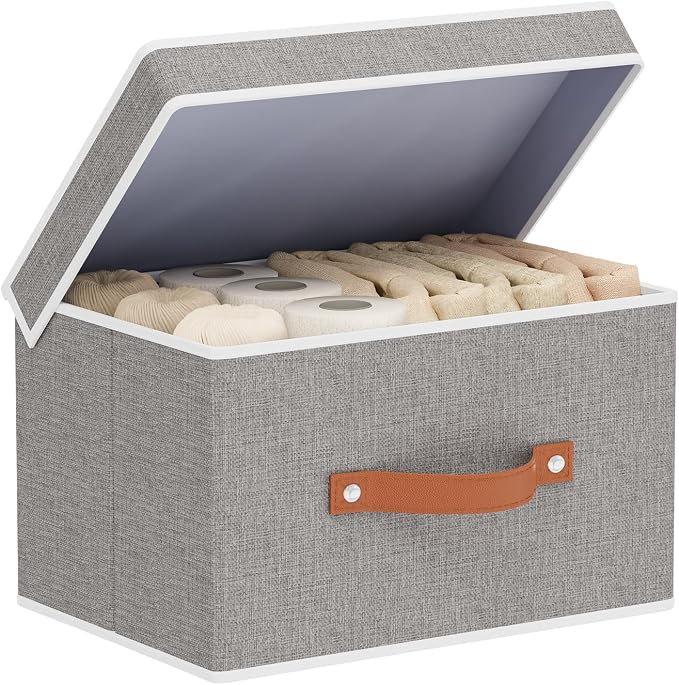 Fabric Storage Bins with Lids, Linen Foldable Clothes Boxes, Closet Organizer by YheenLf