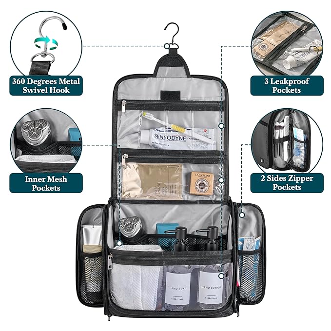 PAVILIA Large Hanging Toiletry Bag Travel Bag Women Men, Cosmetic Organizer - Image 3