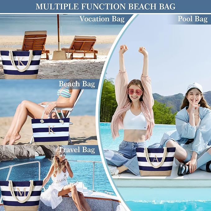 YOOLIFE Initial Canvas Waterproof Beach Tote Bag Zipper Personalized Gifts - Image 5