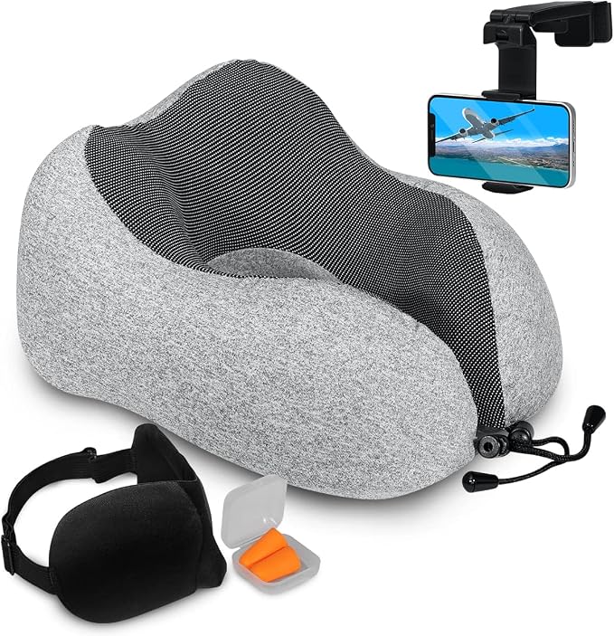Airplane Neck Pillow Includes Travel Pillow + Airplane Phone Holder Mount + Eye by Homeify
