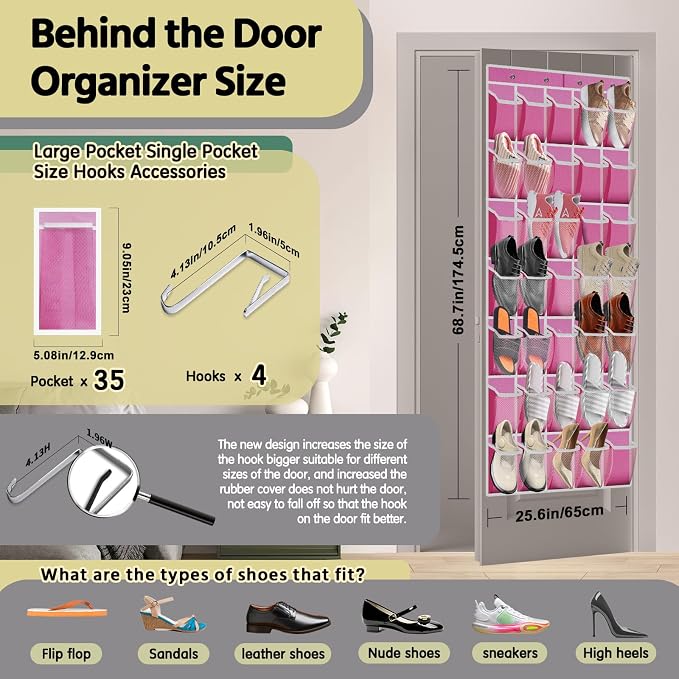 35 Pocket Over the Door Shoe Organizer, Reusable Breathable Large Mesh Bag - Image 3